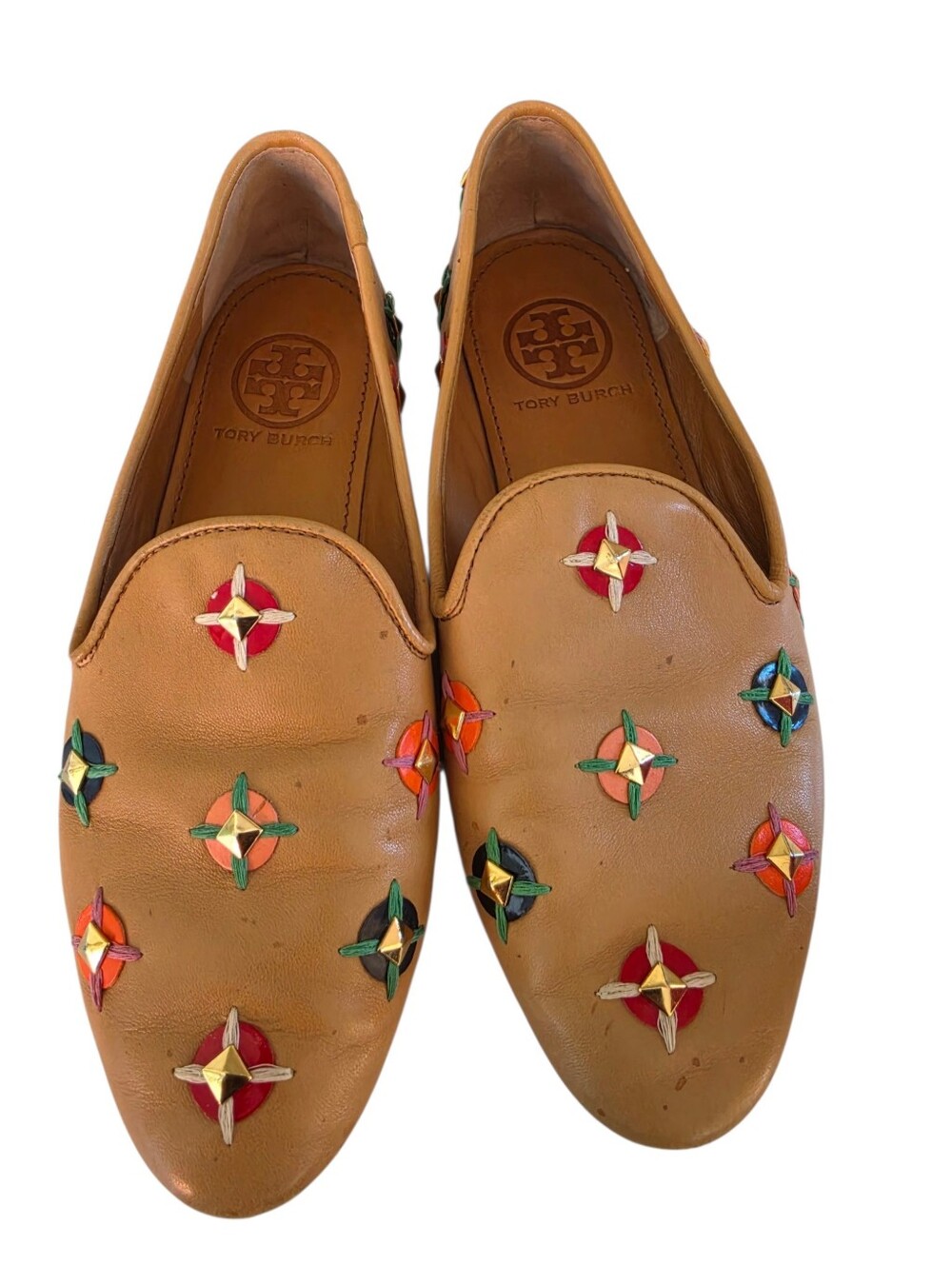 Tory Burch Tan Leather Embellished Loafers - Multicolor Star Size 6